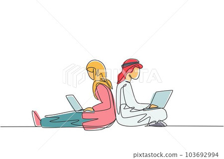 Single continuous line drawing Arabian couple with laptop sitting and lean on each other. Freelance, distance learning, online courses, and studying. One line draw graphic design vector illustration 103692994