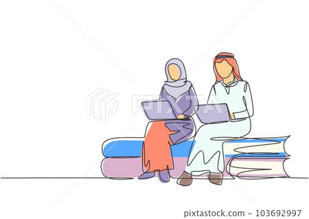 Single one line drawing Arabian couple with laptop sitting on pile of books together. Freelance, distance learning, online courses, studying. Continuous line draw design graphic vector illustration 103692997