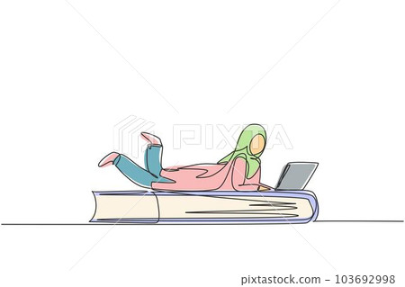 Continuous one line drawing young Arab female with laptop laying down on big book. Freelance, distance learning, online courses, studying concept. Single line draw design vector graphic illustration 103692998