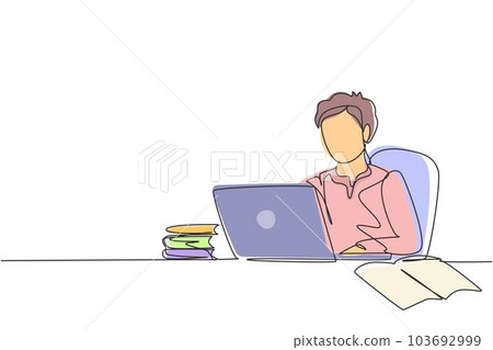 Continuous one line drawing young Arabian boy studying with laptop and pile of books. Back to school, intelligent student, online education concept. Single line draw design vector graphic illustration 103692999