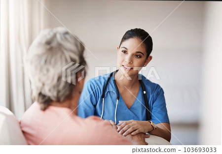 Support, healthcare and nurse with a senior patient explaining a diagnosis after consultation. Medical, empathy and female caretaker volunteer consoling an elderly lady in retirement at nursing home. Support, healthcare and nurse with a senior patient explaining a diagnosis after consultation. Medical, empathy and female caretaker volunteer consoling an elderly lady in retirement at nursing home. 103693033