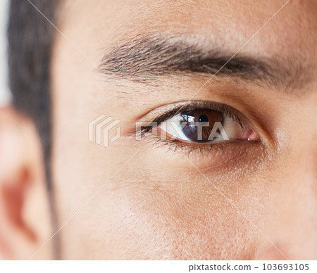 Vision, eye and portrait of man closeup, thinking and ideas for startup business with focus and commitment. Motivation, dedication and zoom on eyes of young businessman with calm expression and idea. Vision, eye and portrait of man closeup, thinking and ideas for startup business with focus and commitment. Motivation, dedication and zoom on eyes of young businessman with calm expression and idea. 103693105