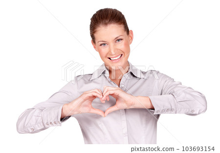 Love, kindness and portrait of woman doing heart sign, shape or gesture with hands isolated in a white studio background. Hope, casual and female employee with happiness, care and happy signal Love, kindness and portrait of woman doing heart sign, shape or gesture with hands isolated in a white studio background. Hope, casual and female employee with happiness, care and happy signal 103693154