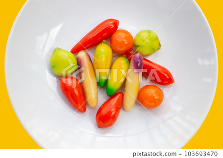Fruit shaped of mung beans dessert (Kanom Look Choup). Thai Dessert Fruit shaped of mung beans dessert (Kanom Look Choup). Thai Dessert 103693470