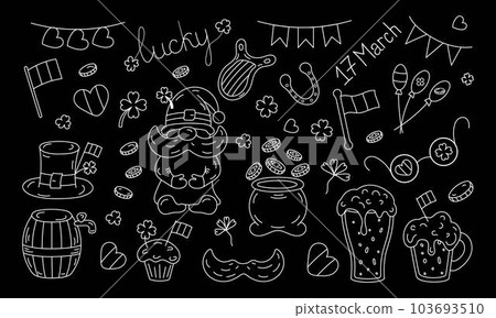 St Patrick line vector set. White on black. Pot of gold, clover, flag, beer, balloon, mustache, coin St Patrick line vector set. White on black. Pot of gold, clover, flag, beer, balloon, mustache, coin 103693510