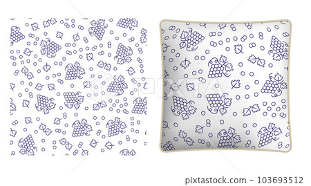 Square decorative pillow, bedroom accessory decorated juicy bunch of grapes with leaves and tendrils. Vector ornament for design of posters and printing on textile Square decorative pillow, bedroom accessory decorated juicy bunch of grapes with leaves and tendrils. Vector ornament for design of posters and printing on textile 103693512