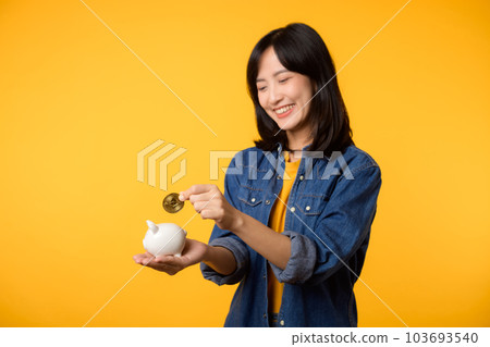 Happy young asian woman wearing yellow t-shirt denim shirt saving digital crypto currency to piggy bank isolated on yellow background. Digital money saving investment concept. 103693540