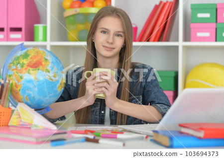 cute girl with laptop at home at desk cute girl with laptop at home at desk 103694373
