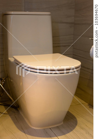 White toilet bowl on floor White toilet bowl on floor 103694670