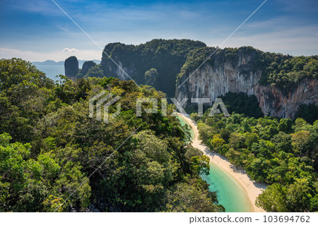 Tropical islands high angle view with ocean blue sea water at Koh Hong Island 360 viewpoint, Krabi Thailand nature landscape Tropical islands high angle view with ocean blue sea water at Koh Hong Island 360 viewpoint, Krabi Thailand nature landscape 103694762