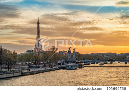 Paris France, sunset city skyline at Seine River with Pont Alexandre III bridge and Eiffel Tower 103694766