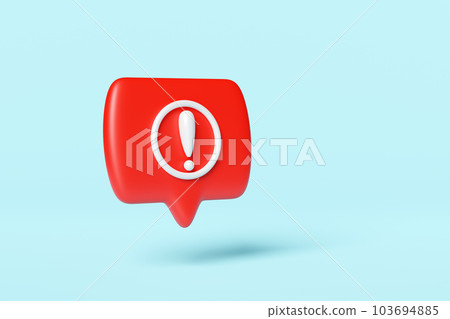 white exclamation mark with red speech bubble for social media notification pin icon isolated on blue background. 3d illustration render, Clipping path 103694885