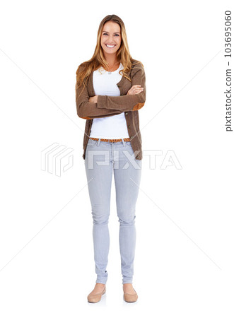 Portrait, smile and woman with arms crossed, fashion and casual outfit isolated against white studio background. Face, female person or model with happiness, carefree or beauty with positive attitude 103695060