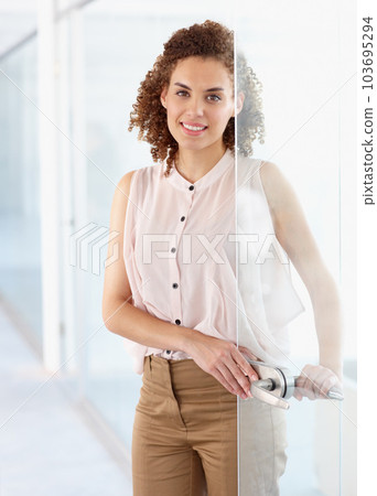 Portrait, business and woman with an open door, smile and welcome with startup success, service and development. Face, happy female employee and consultant with confidence, career and consultation 103695294