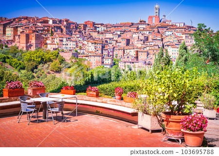 Siena, Tuscany, Italy - Torre del Mangia and the Dome Siena, Tuscany, Italy - Torre del Mangia and the Dome 103695788