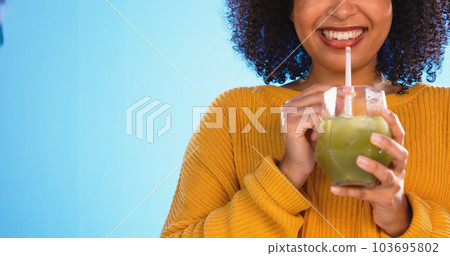 Health juice, black woman and healthy green smoothie of a person drinking weight loss drink. Mockup, studio background and female with vegetable, nutrition and detox shake for nutritionist wellness Health juice, black woman and healthy green smoothie of a person drinking weight loss drink. Mockup, studio background and female with vegetable, nutrition and detox shake for nutritionist wellness 103695802