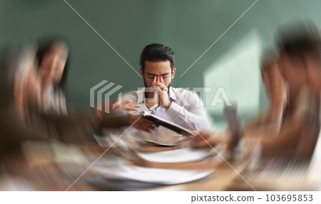 Stress, migraine and motion blur with a business man in a meeting feeling frustrated, tired or overworked. Mental health, anxiety and headache with an exhausted male employee suffering from fatigue 103695853