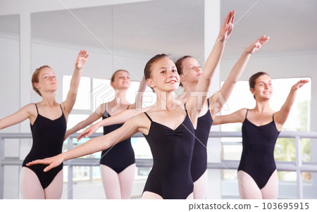 Children, ballet and dance with a group of girls dancing in a studio for theatre rehearsal or recital. Kids, ballerina and class with girl students learning about dancing together for performing arts Children, ballet and dance with a group of girls dancing in a studio for theatre rehearsal or recital. Kids, ballerina and class with girl students learning about dancing together for performing arts 103695915