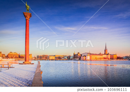 Stockholm, Sweden. City Hall Tower and Glama Stan panoramic view, winter season. 103696111