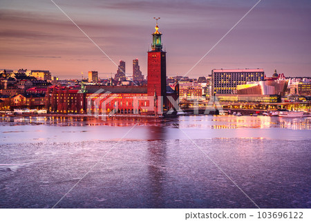 Stockholm, Sweden. City Hall Tower and Glama Stan panoramic view, winter season. Stockholm, Sweden. City Hall Tower and Glama Stan panoramic view, winter season. 103696122