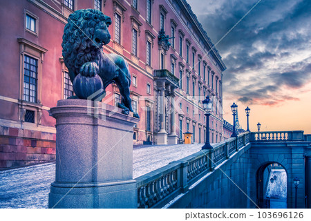 Stockholm, Sweden. Lion sculpture in front of Royal Palace. 103696126