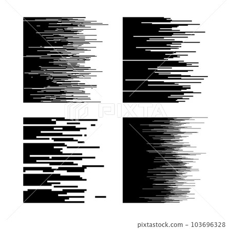 Speed lines. Line gradient patterns, horizontal white and black motion graphic. Monochrome abstract halftone pixel texture, comic book effect vector set Speed lines. Line gradient patterns, horizontal white and black motion graphic. Monochrome abstract halftone pixel texture, comic book effect vector set 103696328