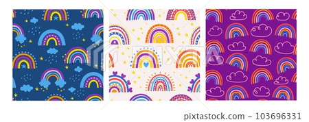 Seamless pattern rainbow. Cute cartoon baby print, kids rainbows background, cloud and stars element, repeating decoration print. Trendy fabric textile. Vector set Seamless pattern rainbow. Cute cartoon baby print, kids rainbows background, cloud and stars element, repeating decoration print. Trendy fabric textile. Vector set 103696331