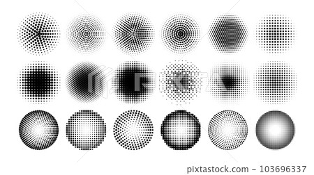 Halftone circle. Comic dotted circles, point tone pattern, gradient background geometry element, round pop art shape. Spray points effect. Vector set 103696337
