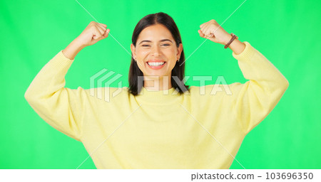 Strong, happy face and woman muscle flex with green screen and smile from wellness. Gender equality, isolated and studio background with a young female feeling proud and confident from win and youth 103696350