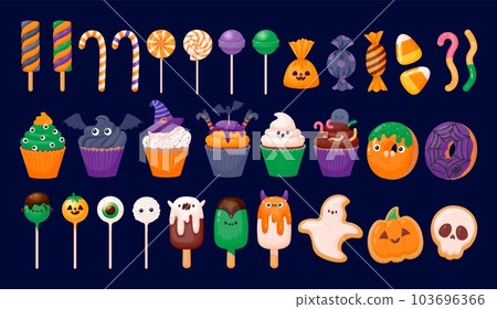 Halloween sweets. October holiday, kids autumn party. Trick or treat sweet candy, chocolate, pumpkin cookie, colorful lollipop, ghost cake. Vector set Halloween sweets. October holiday, kids autumn party. Trick or treat sweet candy, chocolate, pumpkin cookie, colorful lollipop, ghost cake. Vector set 103696366