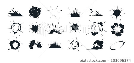 Cartoon explode effects. Speed comic explosive smoke, boom effect, air motion steam energy, lightning and sparks. Bang motion. Vector set 103696374