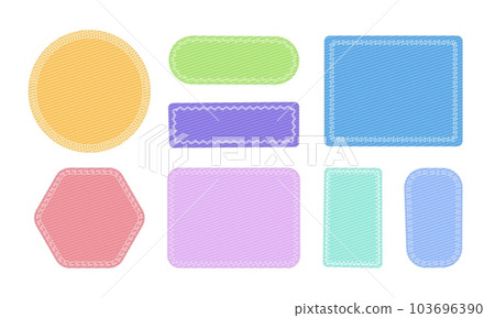 Cloth patches with stitches. Different color fabric badge, textile label with sew seams. Patchwork. Canvas shapes on white background. Vector set 103696390