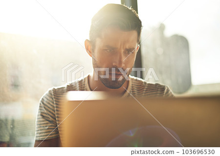Trader, laptop or man in cafe reading news online the stock market for trading report update on internet. Coffee shop, remote work or entrepreneur typing an email or networking on digital website Trader, laptop or man in cafe reading news online the stock market for trading report update on internet. Coffee shop, remote work or entrepreneur typing an email or networking on digital website 103696530