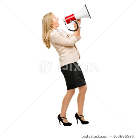 Making herself heard. a mature businesswoman shouting into a loudhailer against a studio background. 103696586