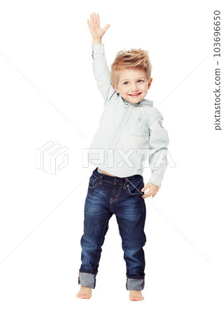 Children, raised hand and a cute little boy in studio isolated on a white background with a carefree smile. Wow, winner and kids with a young adorable male child raising his arm to ask a question 103696650