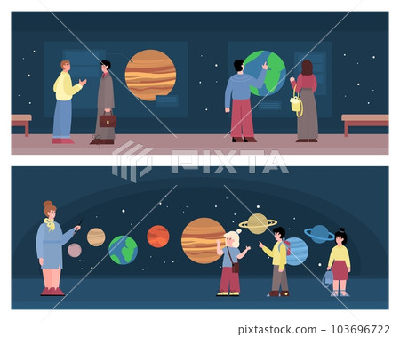 Set backgrounds with visitors of planetarium, flat cartoon vector illustration. 103696722