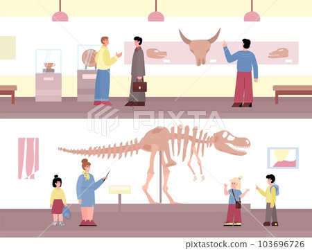 Interior paleontology museum with visitors of exhibition skeleton fossil animals 103696726