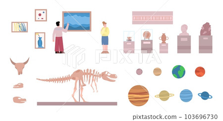 Set of archeology museum exhibits and visitors flat vector illustration isolated. 103696730