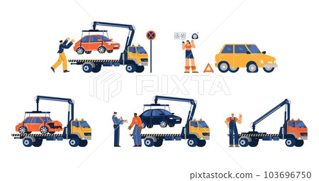 Tow truck or wrecker set, flat vector illustration isolated on white background. 103696750