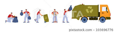 Man taking out garbage, flat vector illustration isolated on white background. 103696776