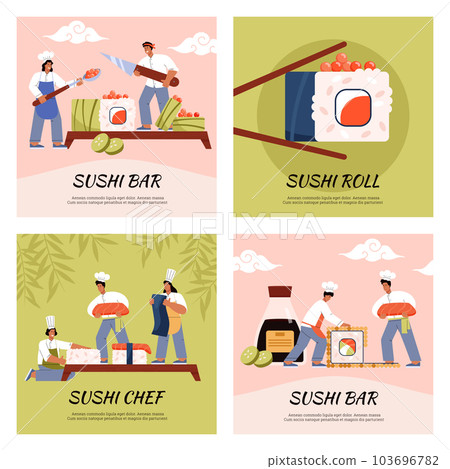 Sushi bar advertising posters set, flat vector illustration. 103696782