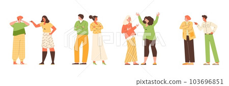 Quarreling hostile aggressive couples of spouses or friends flat vector isolated. Quarreling hostile aggressive couples of spouses or friends flat vector isolated. 103696851