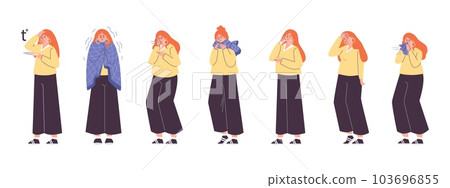Cold and flu symptoms with female character flat vector illustration isolated. 103696855