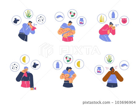 Set of people having various allergy symptoms flat style Set of people having various allergy symptoms flat style 103696904