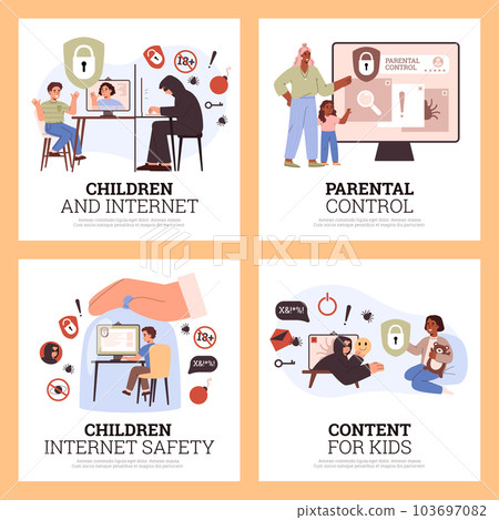Set of squared banners about children internet safety flat style Set of squared banners about children internet safety flat style 103697082