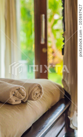 beautiful room in villa, towel on the bed VERTICAL FORMAT for Instagram mobile story or stories size. Mobile wallpaper 103697427