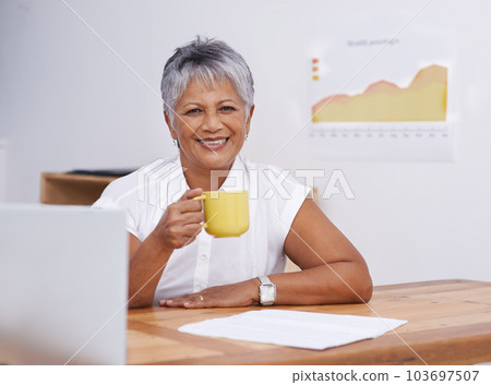 Coffee, office portrait and mature woman with inspiration for planning, online research and happy business growth. Face of indian person, employee or worker with laptop, tea or drink for productivity 103697507