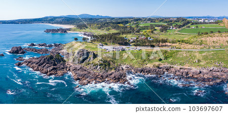 ``Aomori Prefecture'' Drone shot of Ashigezaki Observatory in early summer Tanesashi Coast 103697607