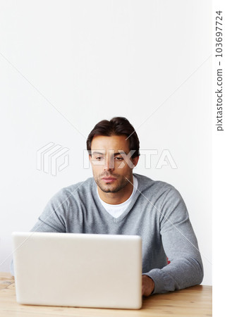 Laptop, research and business man isolated on white background for startup, career planning or web design ideas. Creative, focus and serious person or online user on computer at desk in studio mockup Laptop, research and business man isolated on white background for startup, career planning or web design ideas. Creative, focus and serious person or online user on computer at desk in studio mockup 103697724
