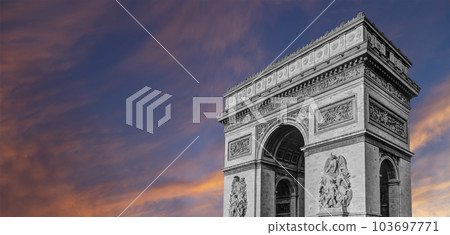 Arc de Triomphe (against the background of sky with clouds), Paris, France. The walls of the arch are engraved with the names of 128 battles and names of 660 French military leaders (in French) 103697771